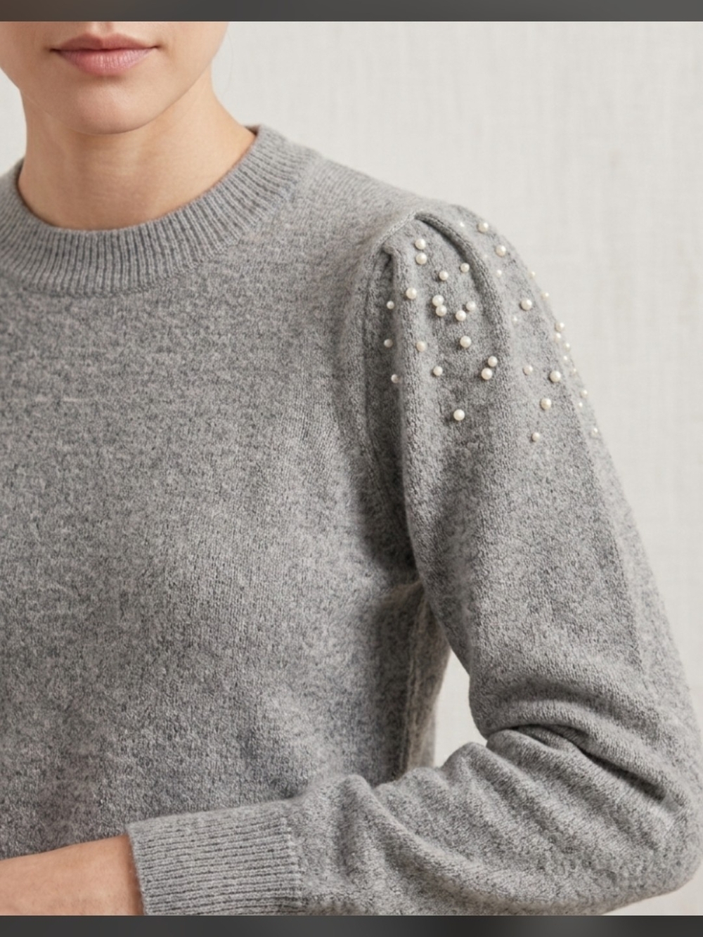 Lily Morgan Heather Grey Pearl Beaded Puff Sleeve Sweater Medium